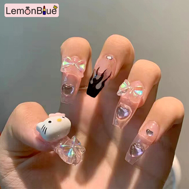 Gambar LemonBlue 24PCS Flames   Bow Nail Patch Sweet Style Long Paragraph Removable Manicure Save Time Glue Type False Nail Patch