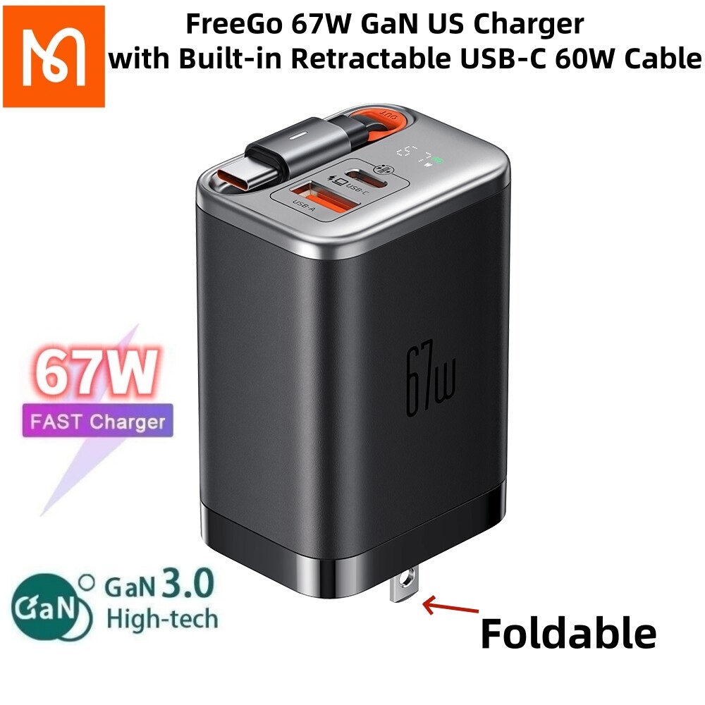  Mcdodo FreeGo 67W GaN US Charger with Built-in Retractable USB-C 60W Cable USB-A Type C Charger Quick Charge QC3.0 PD PPS USB Type C Charger For iPhone 16 15 14 13 Macbook Laptop iPad Xioami Samsung Huawei Mate 60 Pro GaN Type-C Super Fast Charge Charger 