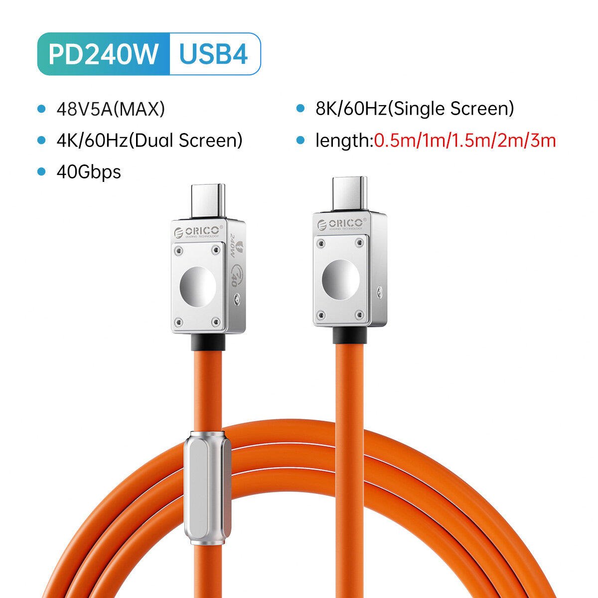 ORICO 40Gbps Cáp 2M Hỗ Trợ 8K Hiển Thị/20Gbps Truyền Dữ Liệu/240W Sạc USB C Đến USB C Cáp Cho Type-C