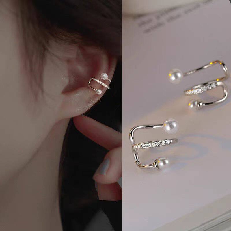  Thời trang đơn giản hai lớp dòng Bông tai ngọc trai giả cho phụ nữ màu vàng bạc không xỏ hoa tai Phụ kiện trang sức 