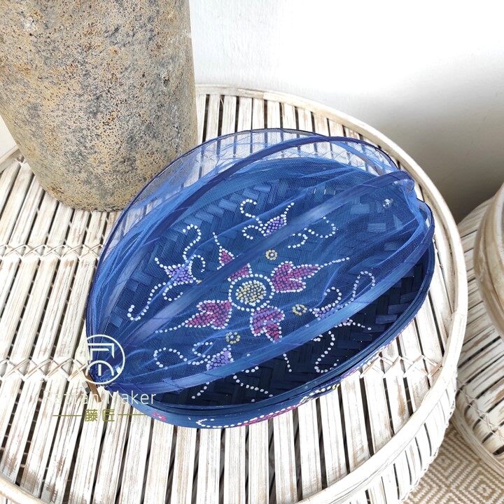 Bamboo Food Cover With Tray - Handwoven Serving Dish Protector 12.6x12.6x7.1 Inches, Blue