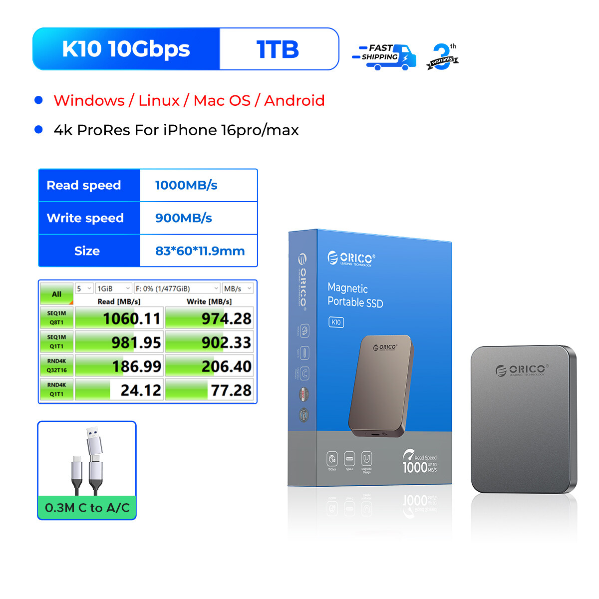 ORICO 2000 MB/giây xách tay SSD usb3.2 pssd 20gbps pd100w sạc nhanh 512GB/1TB/2TB hỗ trợ 4K ProRes c