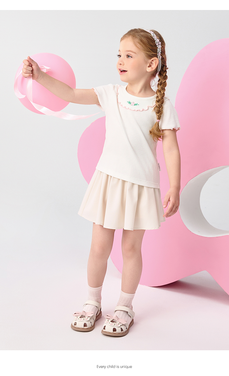 balabala Children Baby Short Sleeve Girl T-Shirt Children Top 2025 New Summer Shoulder-Fit Inner Wear Embroidered T-Shirt · v5