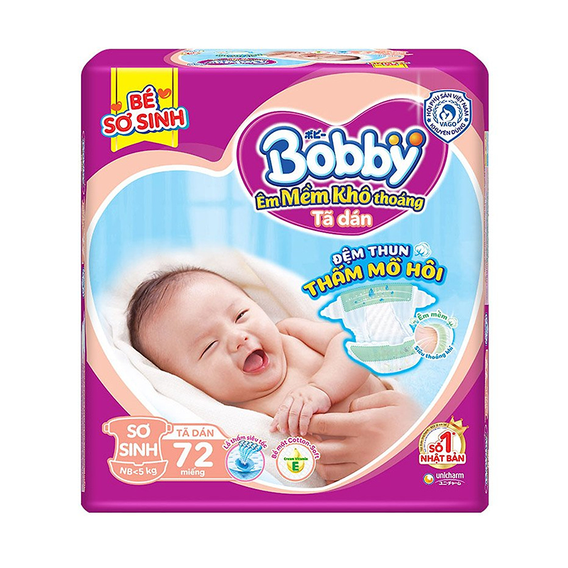 Bỉm - Tã dán Bobby Siêu Mỏng Sơ Sinh XS - 72 miếng (Cho bé < 5kg)