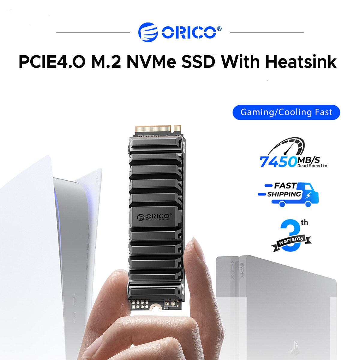 ORICO PCle4.0 M.2 NVMe SSD(with Heatsink) Speed up to 7450MB/s 3D TLC NAND Flash(WDS) Designed for PS5 Expansion Fin Cooling for Continuous - Thương hiệu ORICO Giá 5,486,000 Đồng*Miễn phí vận chuyển