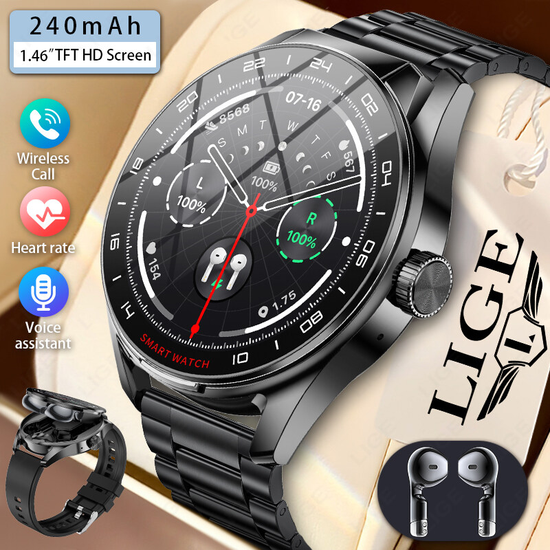LIGE Original NFC and Bluetooth Call Smart Watch Men TWS Earphones Heart Rate Health Fitness Tracker Sport Modes Watches ราคา 1,199 บาท*ส่งฟรี