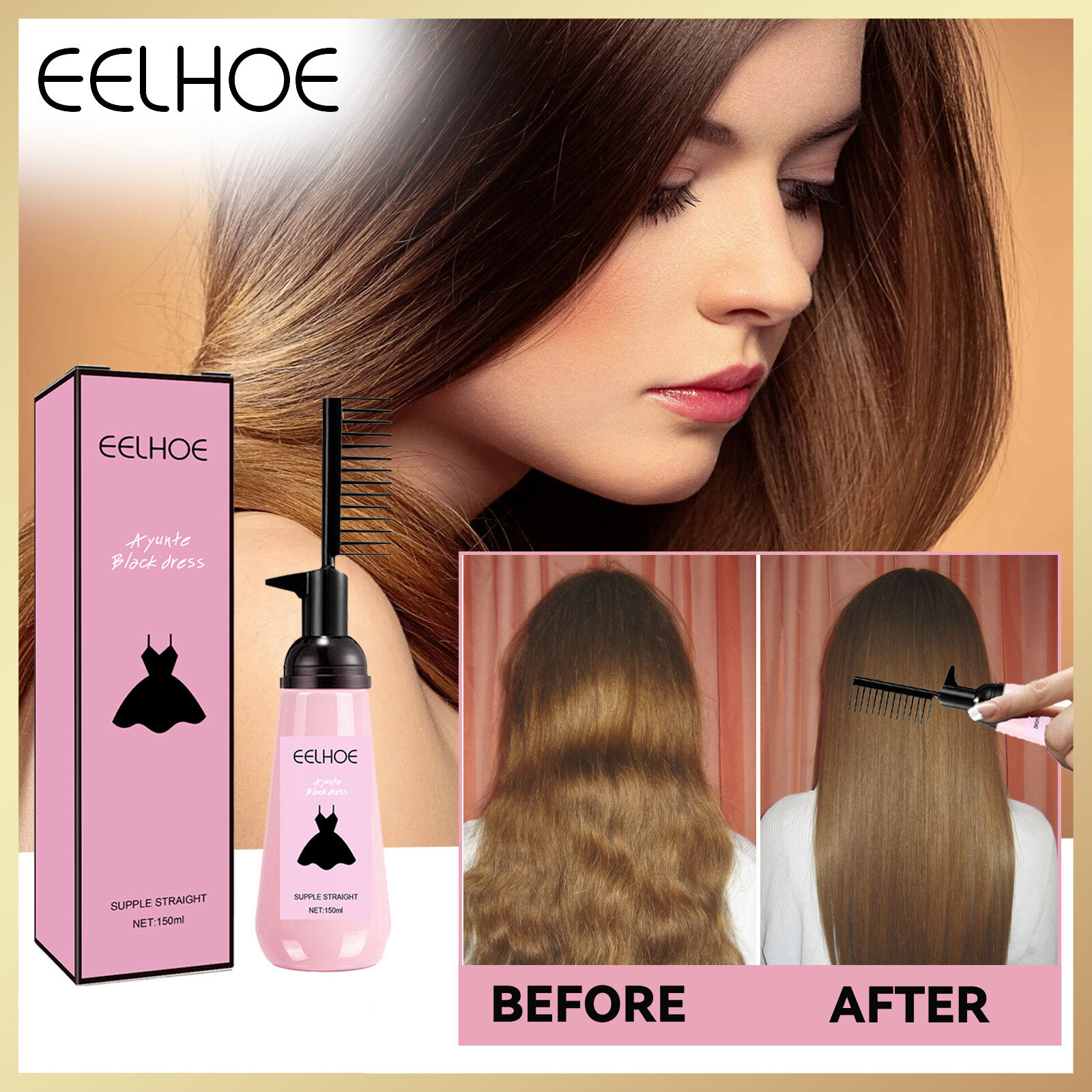 Eelhoe All-in-one Hair Straightening Brush Nourishing Fast Smoothing Straight Hair Cream Comb Professional Hair Care Don't Hurt Hair Effective Hair Softener Household Free Straight Hair Comb（150ml） ราคา 217 บาท*ส่งฟรี