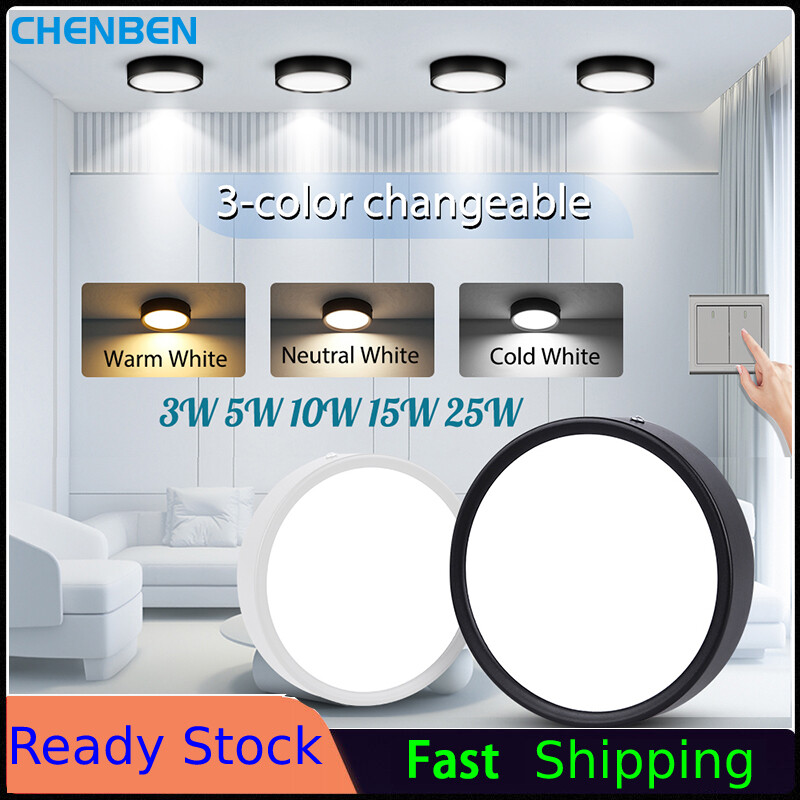 [COD] CHENBEN Đèn Led thay đổi 3 màu Âm Trần 220-265V Đèn Trần Chiếu Sáng Gắn Trên Bề Mặt Tròn Bằng Nhôm 5W 10W 15W 25W Đèn Trần Thiết Bị Chiếu Sáng Trong Nhà Gia Đình