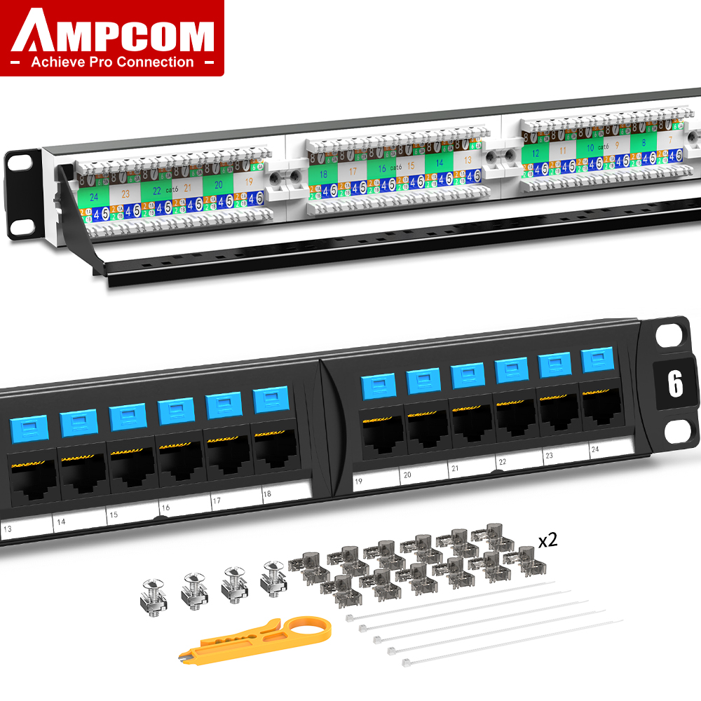 FTVOGUE 24-poorts Cat6 Patchpaneel – 1U Rackmount Met Goudcontacten, Geschikt Voor 10G Ethernet