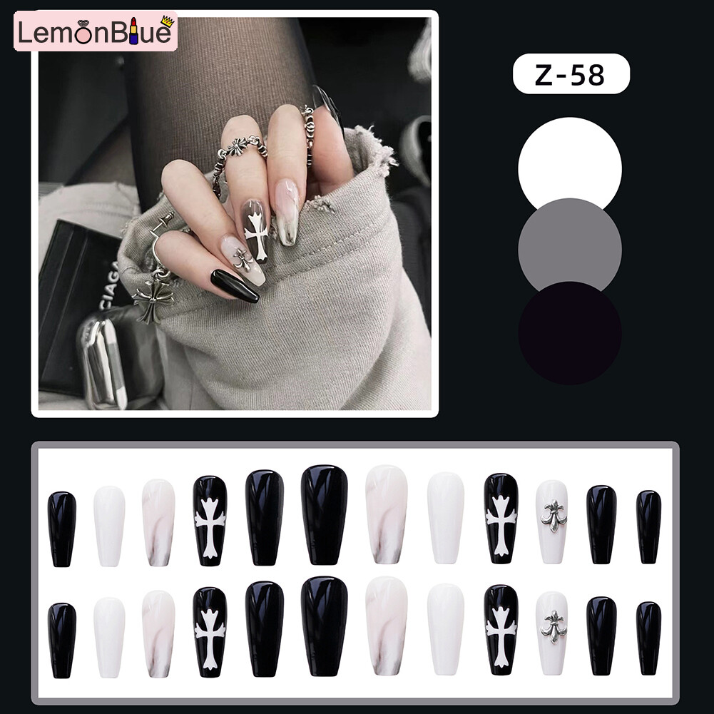 Gambar 24PCS Dark Style False Nails Long Press On Nails Elegant Fingernails Stickers Manicure Salon DIY Art Jelly Gel Glue Type Artificial Nails Removable Save Time