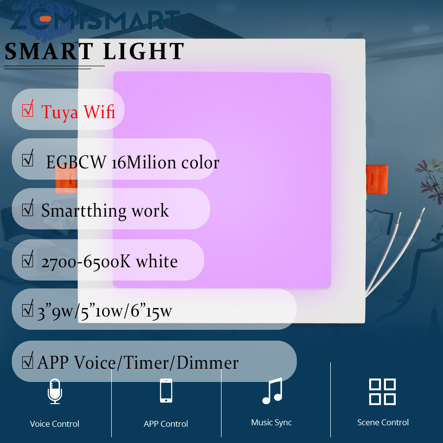 Zemismart Tuya Wifi 15w 6inch/10w 5inch /7W 3.5inch LED Smart Downlight CCT+RGB Recessed Ceiling Light with Square Panel Alexa Siri Timer Voice Control Recessed Retrofit Downlight LED Dimmable Fixture Ceiling Light ราคา 542 บาท*ส่งฟรี