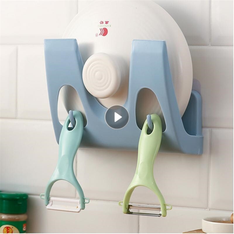 Gambar Kitchen Organizer Wall Mounted Pot Lid Rack Punch Free Pan Cover Holder Multipurpose Space Saving Wall Storage Shelf Hanger Hook
