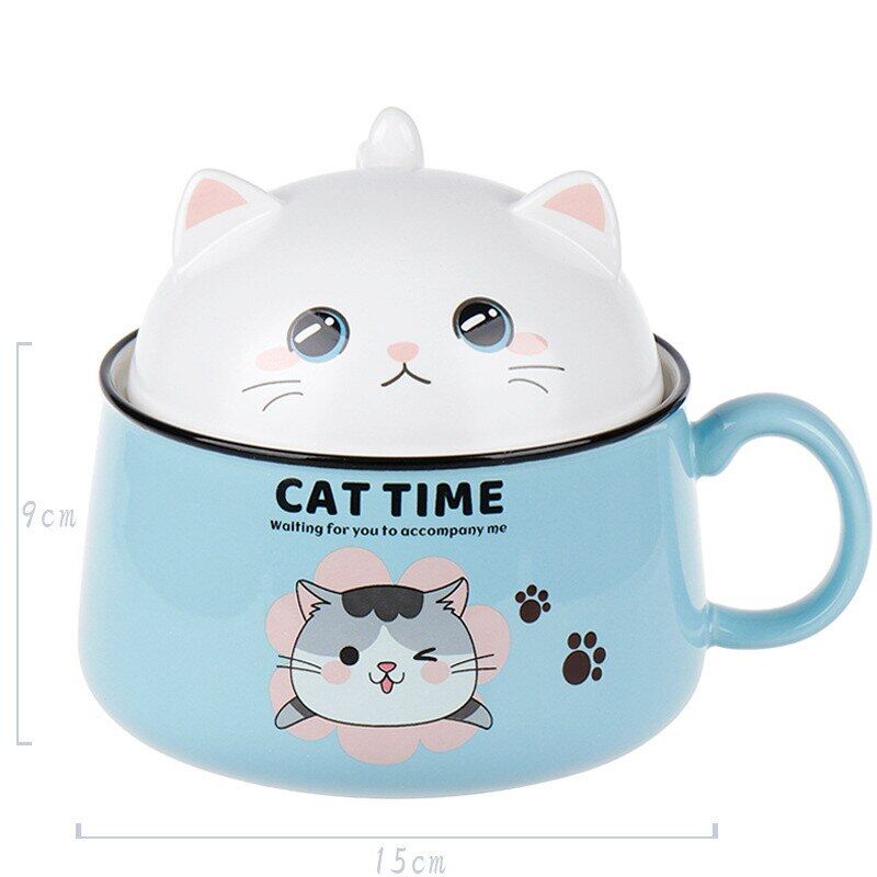 Gambar High Capacit Creativity Cute Cat Ceramics With Lid Instant Noodle Bowl Dorm Room Student Office Super Large Bowl