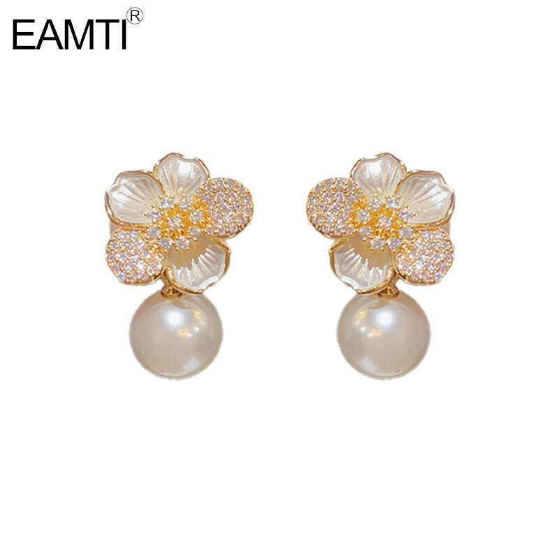 EAMTI Copper Earrings Cubic Zirconia Simple Pearl Ear Buckle Design High-End Fashion Earrings ราคา 252 บาท*ส่งฟรี