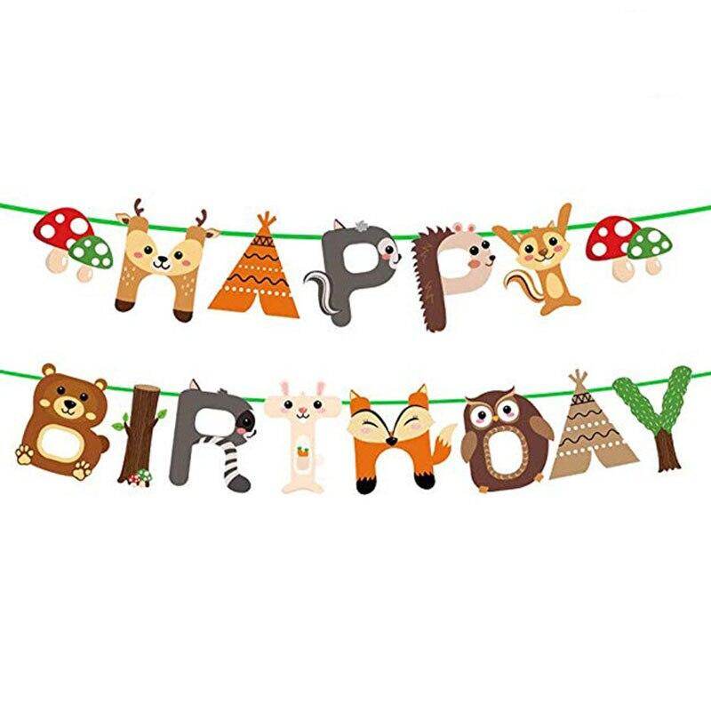 Kids Happy Birthday Banner Cartoon Animal Forest Birthday Party