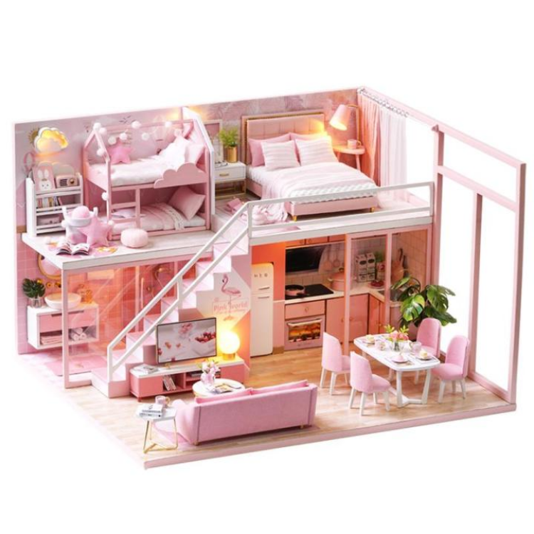 nhà búp bê barbie bằng gỗ lắp ghép có nội thất và đèn như hình l027 tặng 1