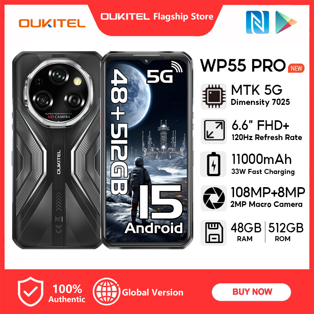 [LOCAL STOCK] OUKITEL WP55 PRO 5G 48GB+512GB 108MP+8MP Android 15 11000mAh 33W Fast Charging 15.3mm Ultra-Slim Design Handphone 6.6” FHD+ Display Mobies 120Hz Refresh Rate OTG NFC Dual nano Harga 1,316 Ringgit*Penghantaran Percuma