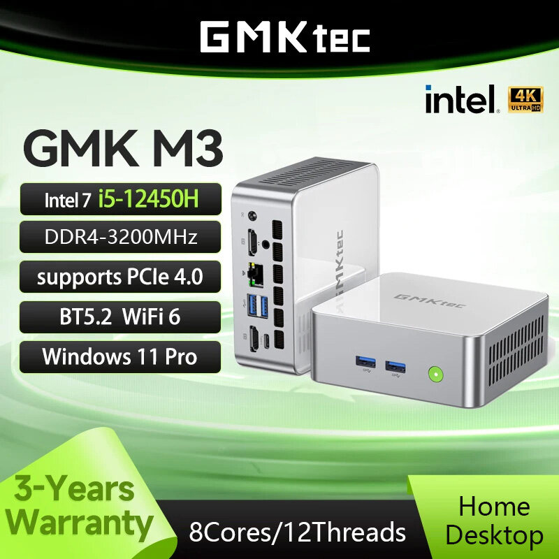 GMKtec Mini PC M3 Intel 12th i5-12450H DDR4 3200Mhz M.2 2280 PCIE3.0 Window  11 Pro BT5.2/WiFi6 Computer
