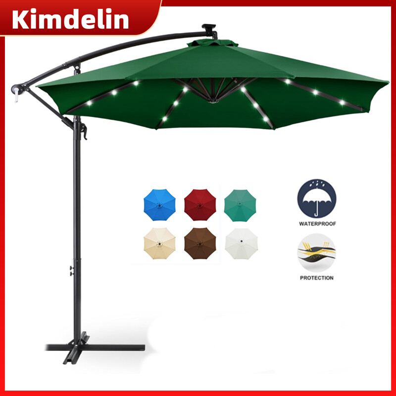 KIMDELIN 10ft Solar LED Offset Hanging Market Patio Umbrella for Backyard, Poolside, Lawn and Garden w/Easy Tilt Adjustment, Polyester Shade, 8 Ribs ราคา 1,169 บาท*ส่งฟรี