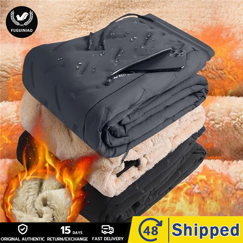 FUGUINIAO Winter Sweatwear Men Plush Thick Fleece Sweatpant Lambswool Thermal Trousers Casual Pants Waterproof Windproof Warm Cotton Pants