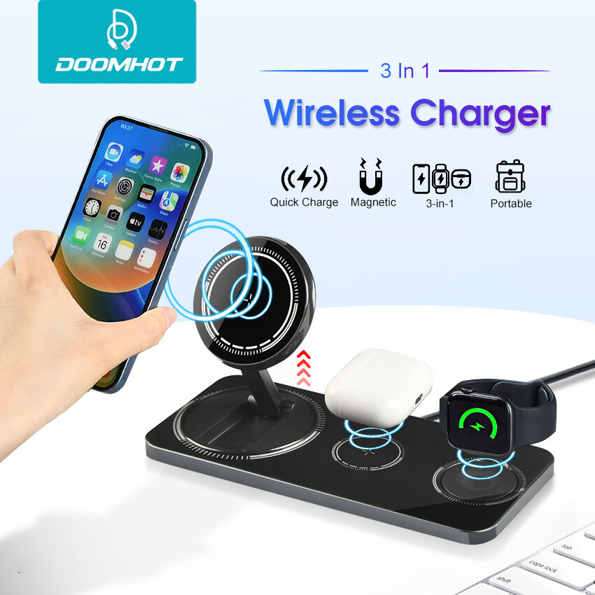 DoomHot 3 Trong 1 trạm sạc không dây Sạc Không Dây 15W Đứng sạc từ Dock Trạm Sạc nhanh Không Dây Cho iPhone Đồng Hồ Airpods