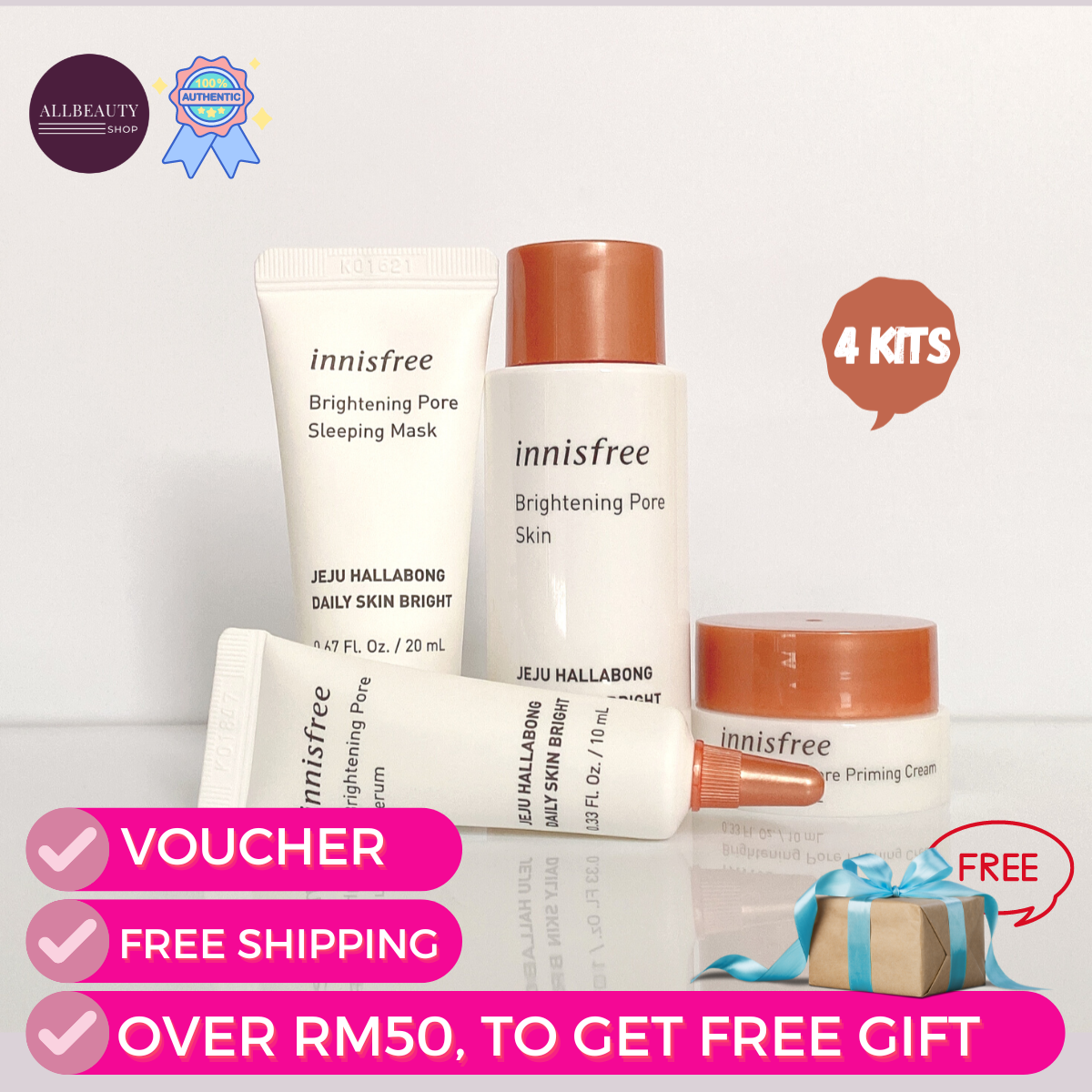 Gambar Innisfree Brightening Pore Facial Cleanser 70ml   Brightening Pore Skincare Kit   4 Items (with box)   (2 Options to Choose)