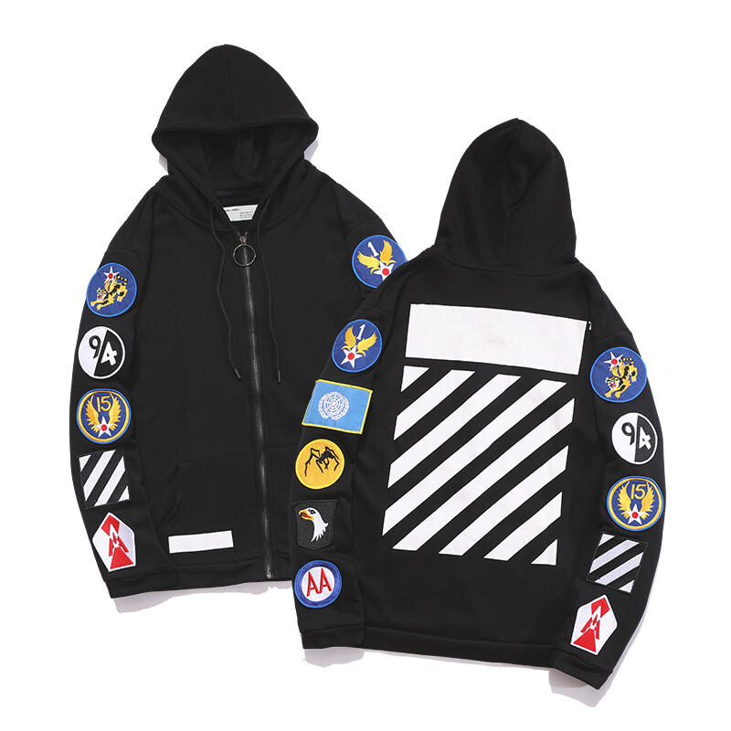 Off White Áo Khoác Thêu Nhiều Huy Hiệu Áo Hoodie Thêu Hổ Nghịch Ngợm