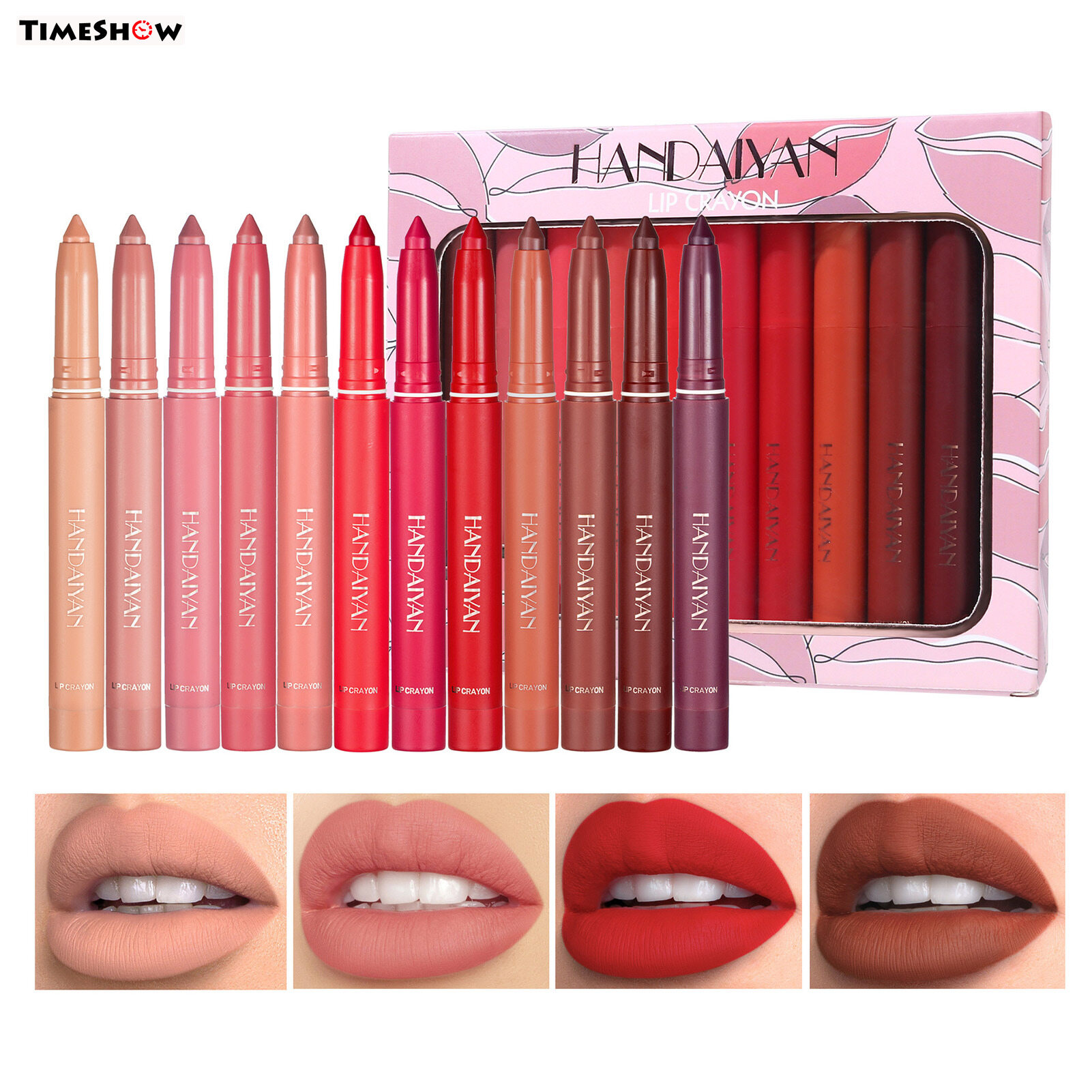 Gambar TimeShow Amazon Explosion handaiyan 12 Color Non Stick Cup kou hong bi Lip Liner Set Rotation Cutting Dual Use