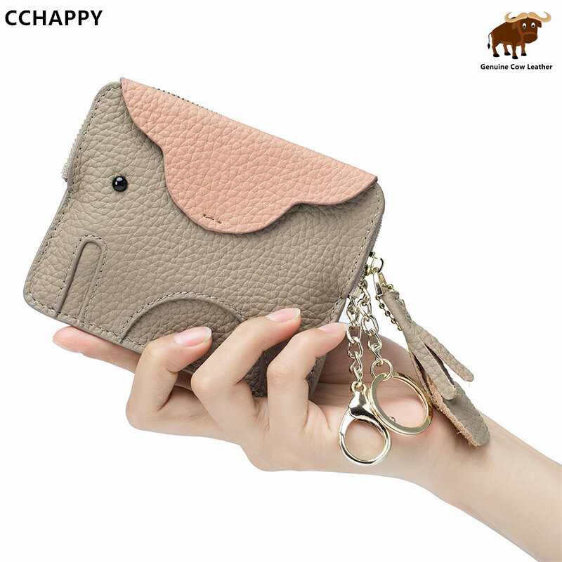 Cchappy ví đựng tiền xu bằng da thật túi đựng tiền xu hình voi nhỏ túi đựng tiền xu móc khóa dễ thương cho nữ