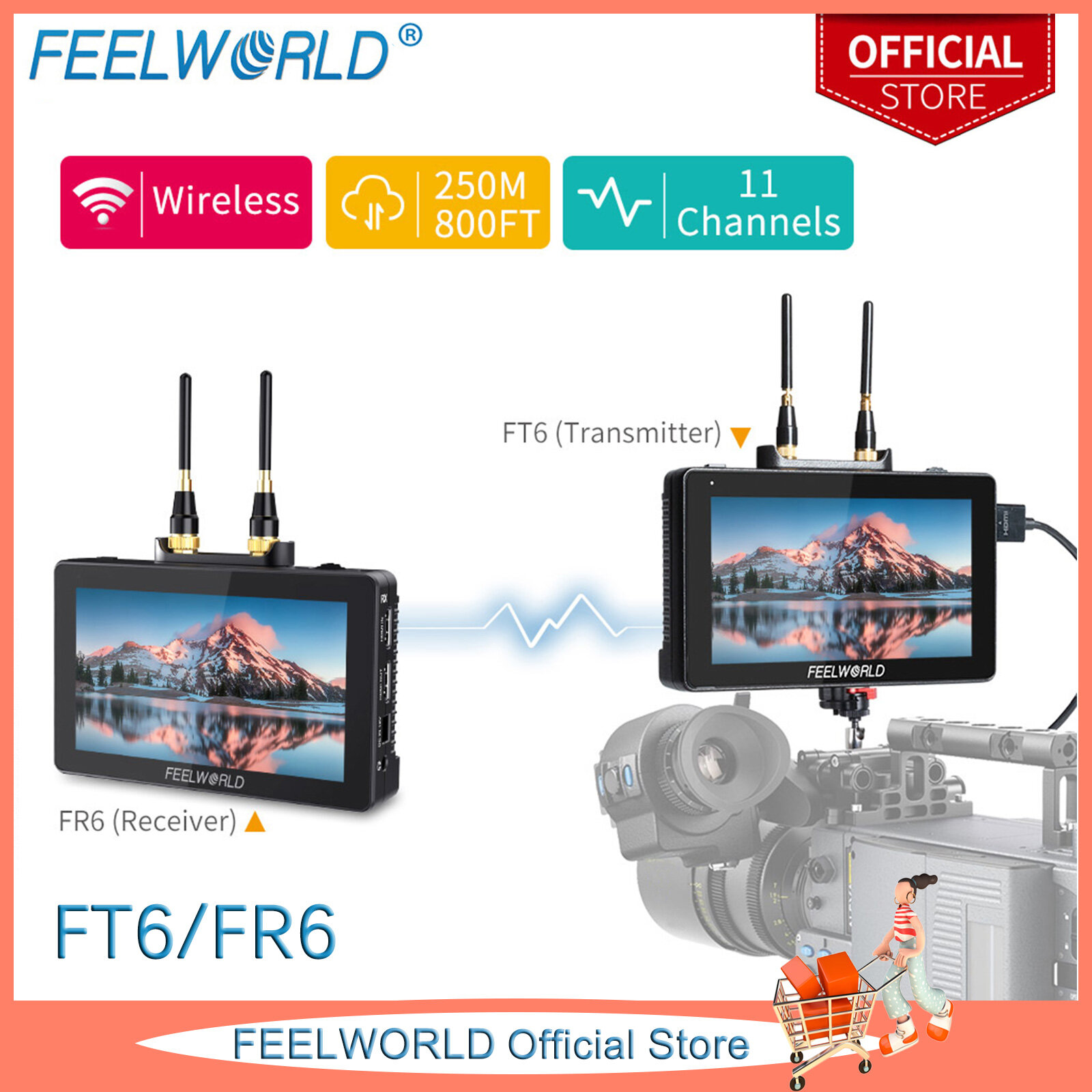 FEELWORLD FT6 FR6 5.5 Inch Wireless Video Transmission DSLR Camera Field Monitor Built in Transmitter and Receiver System Long Range 800ft Low Latency 0.07s Touch 3D LUT HDR 4K HDMI Director AC DP ราคา 32,233 บาท*ส่งฟรี