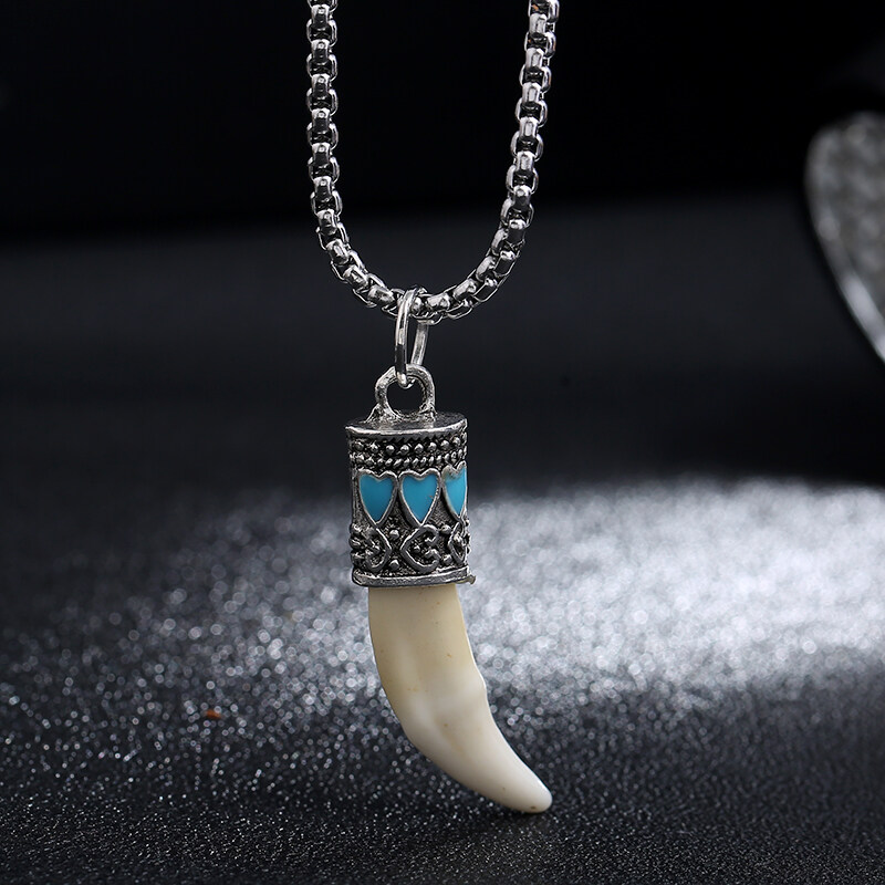 Boar Tooth Pendant Titanium Steel Necklace Pendant inlaid with Tibetan Silver