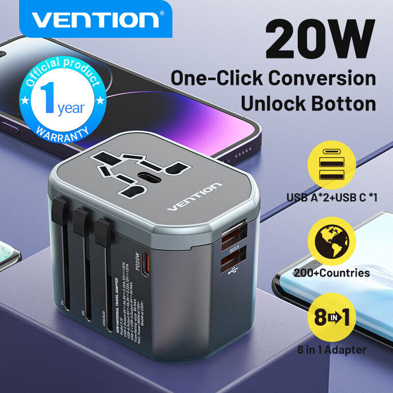 Vention 20W Global Travel Charger Plug AC + USB 2 in 1 Fast Charging Power Wall Charger Type-C and D