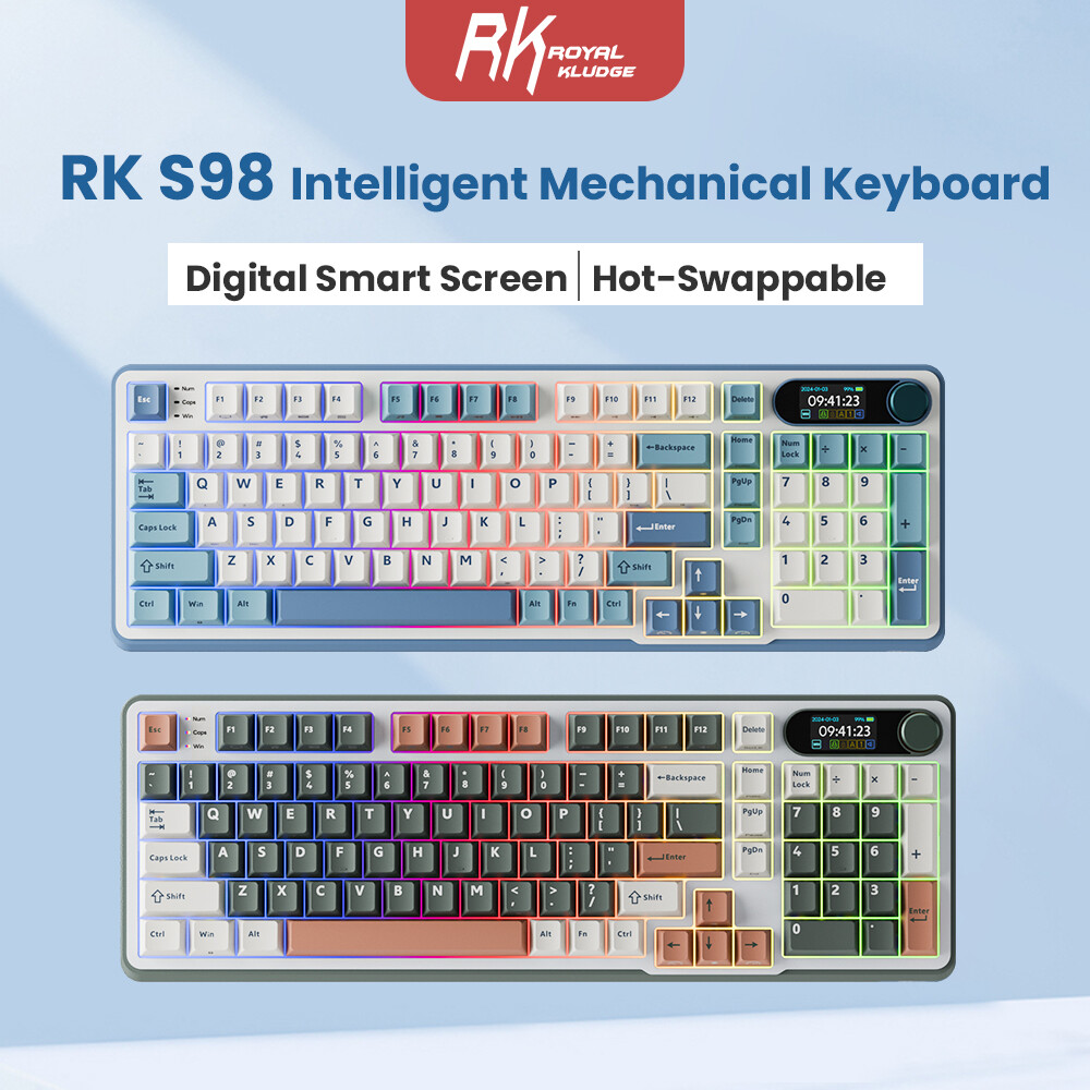  RK ROYAL KLUDGE S98 Bàn phím cơ RGB Không dây Có dây Bluetooth 2.4G Bàn phím chơi game có thể thay thế nóng với màn hình thông minh & núm Bàn phím máy tính Keycaps PBT tùy chỉnh 