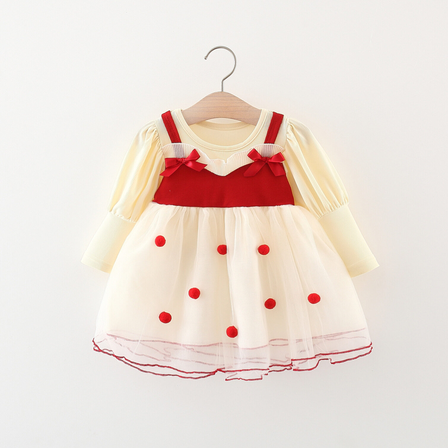 Quần Áo Trẻ Em Bé Gái Mùa Xuân Và Mùa Thu Nơ Đỏ Váy Con Gái Cục Bông Vải