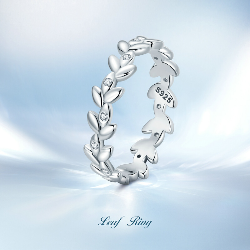 Bamoer nhẫn hình lá tối giản bằng bạc sterling 925 nhẫn họa tiết lá xếp đính đá cz cho nữ bsr306