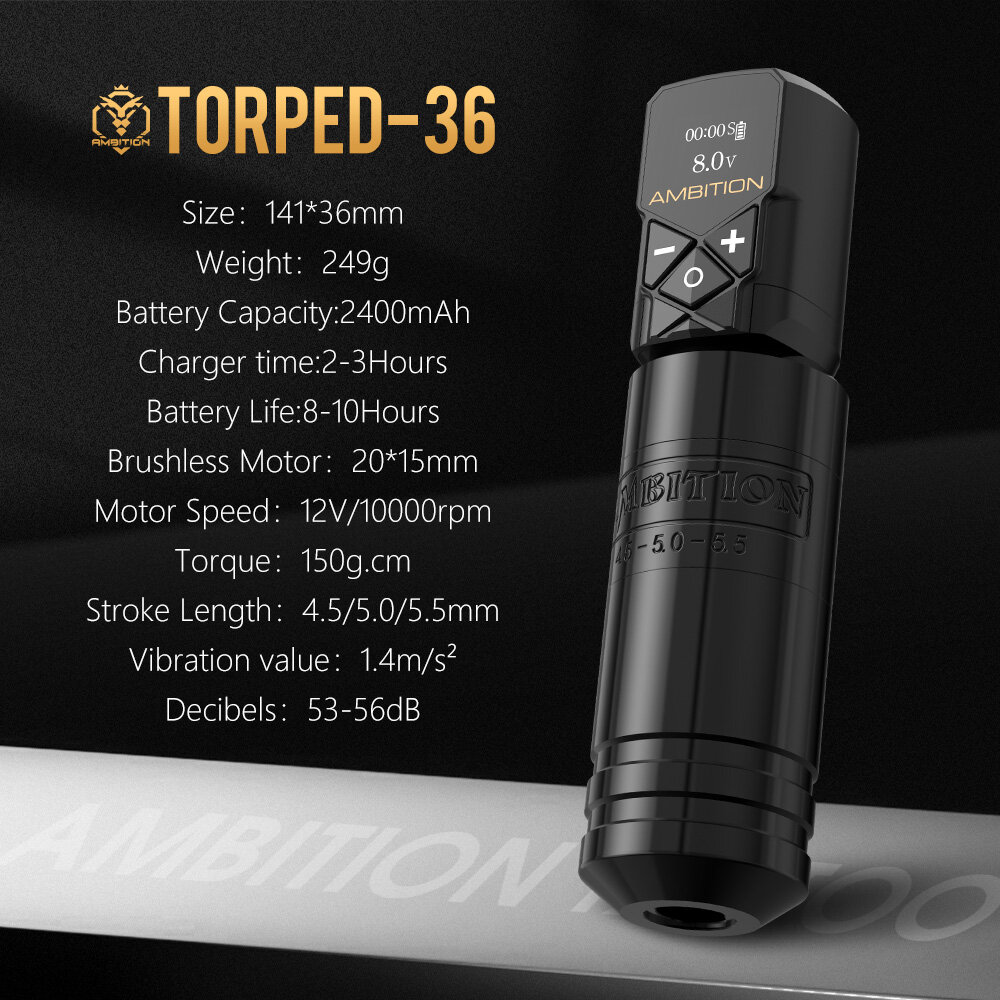 Ambition Torped 36 Stroke 4.5-5.0-5.5mm Động cơ không chổi than mạnh mẽ Máy xăm bút quay RCA không dây Kuark Pin 2400mAh
