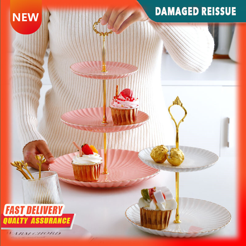 Gambar Double layer Three layer Fruit Plate Camping Cake Stand Snack Dried Fruit Skewer Plate Ceramic Fruit Plate Dessert Table