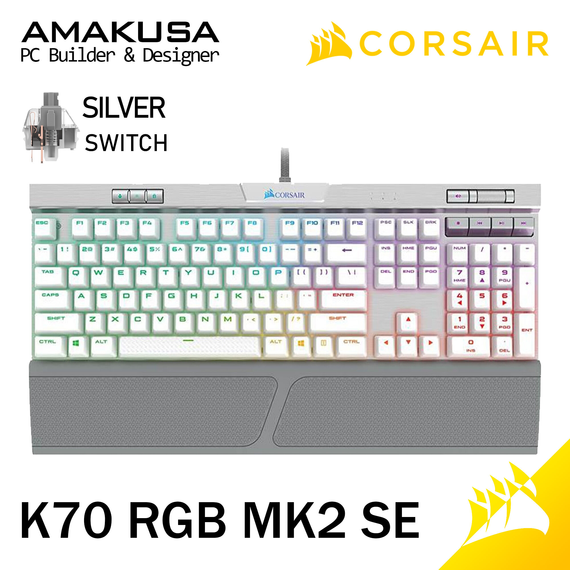 Corsair K70 RGB MK2 SE White Mechanical Gaming Keyboard iCUE Cherry MX Linear Speed Key Switches Frame Port Media Volume Detachable Palm Wrist Rest USB Pass Through Keycap Tool