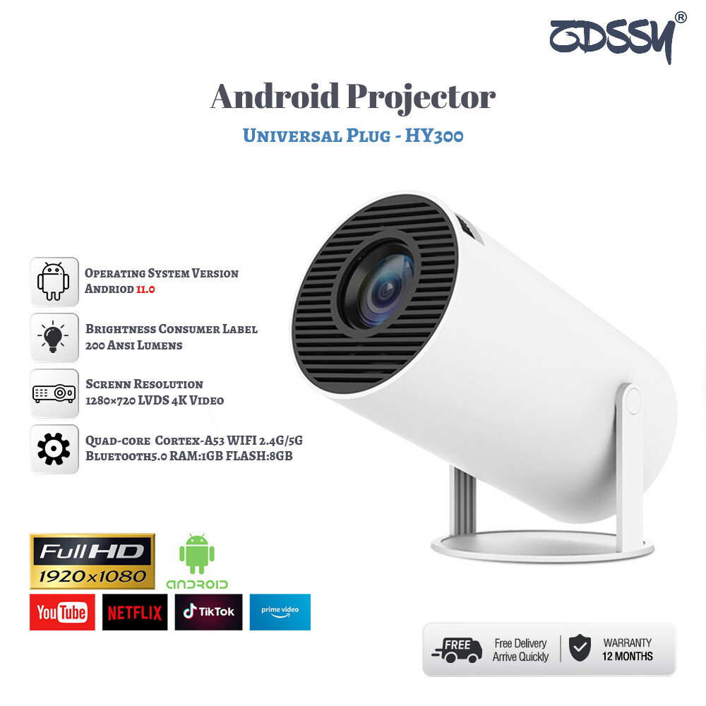 Zdssy hy300 máy chiếu mini 4k có wifi và bluetooth, xoay 180° & keystone tự động, hỗ trợ full hd 1080p, máy chiếu phim ngoài trời di động chạy hệ điều hành android 11, tương thích với tv stick/windows/ios/android/hdmi/usb