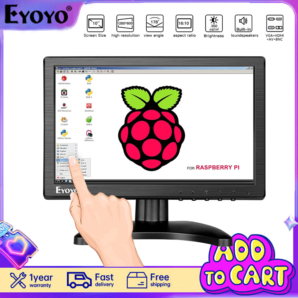 Eyoyo Small Touchscreen Monitor 10 inch Small HDMI VGA Touch Screen Monitor Raspberry Pi Touch Screen 1280x800 IPS Display for PC Computer Laptop Raspberry Pi with Speaker ราคา 3,499 บาท*ส่งฟรี