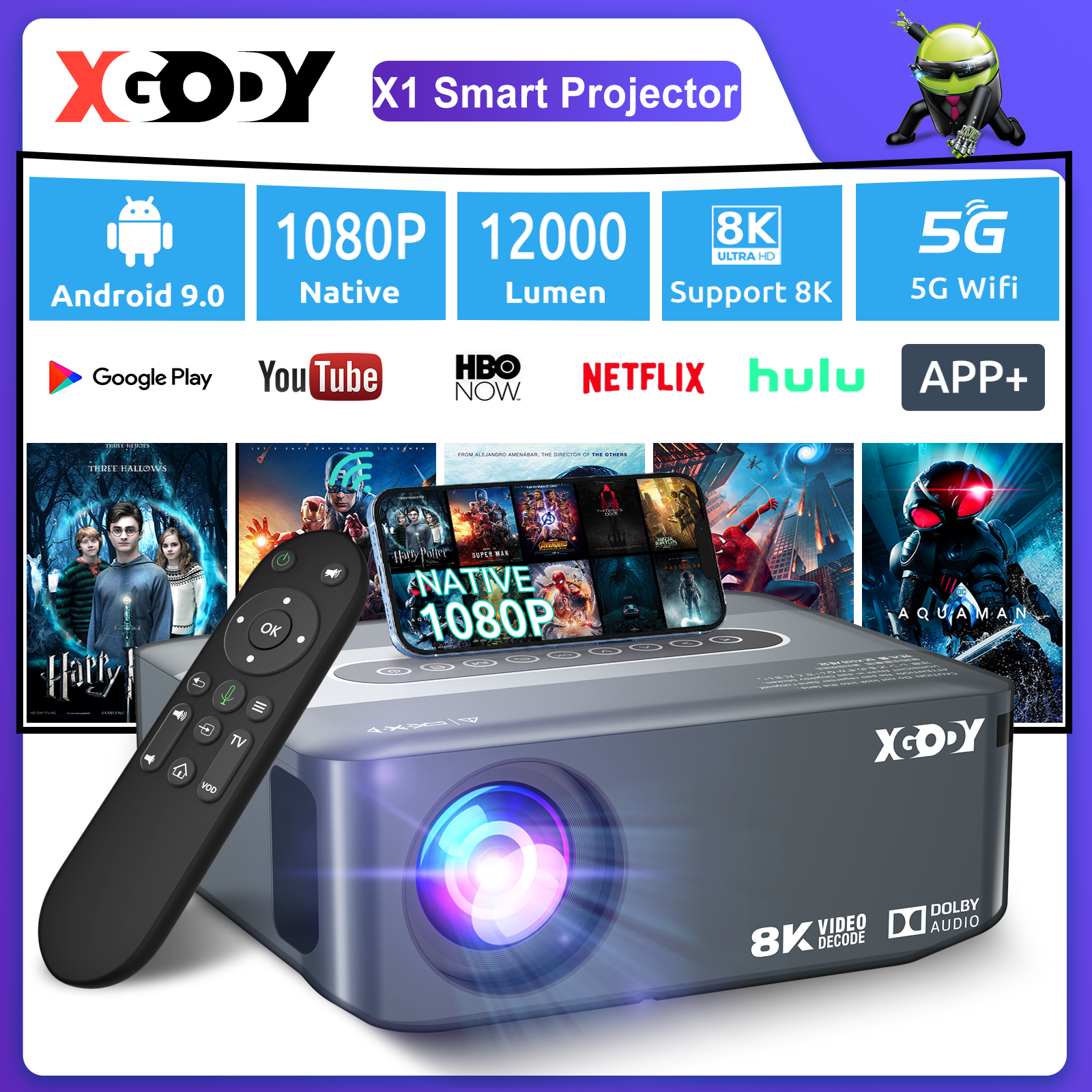 เครื่องโปรเจคเตอร์ มินิโปรเจคเตอร์โฮมเธียเตอร์ Xgody X1 Android TV Smart Projector 4.5 inch LCD Screen Native 1080P HD 12000 Lumens Portable Projector Support 8K 5G Wifi Display Bluetooth 5.0 Free Shipping