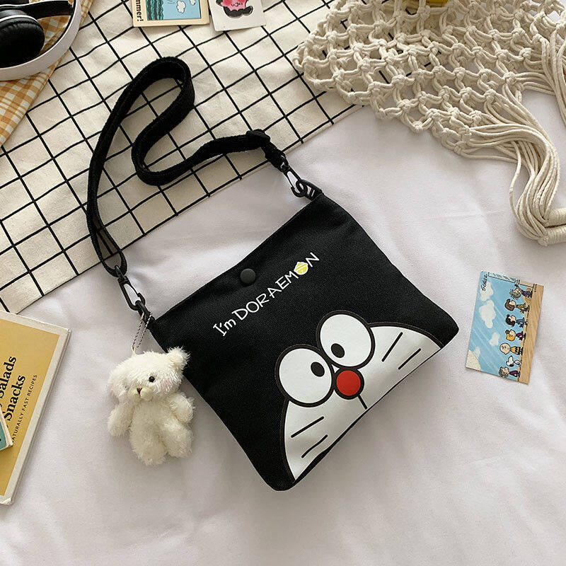 Lady Doraemon Cartoon Print Canvas Bag Cute Doraemon One Shoulder Messenger Bag Stationery Storage Bag