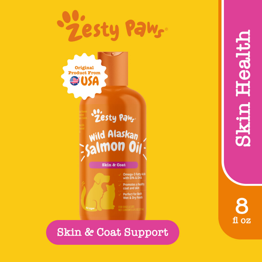 Zesty Paws Pure Wild Alaskan Salmon Oil [Omega-3 Fatty Acids with EPA & DHA] สำหรับผิวพรรณสุนัขและแมว (8ออนซ์ / 237มิลลิลิตร) (หมดอายุ:10 2025) [ช่วยบำรุงความชุ่มชื้นของผิวเหมาะสำหรับอาหารแห้งและเปียก] ราคา 840 บาท*ส่งฟรี