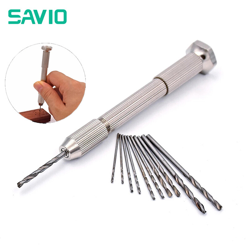 Savio máy khoan cầm tay mini bằng nhôm siêu nhỏ, máy khoan cầm tay siêu nhỏ bằng hợp kim nhôm xoắn thủ công cho đồ trang sức thủ công máy khoan cầm tay siêu nhỏ, với 10 chiếc mũi khoan xoắn dụng cụ quay khoan làm mộc