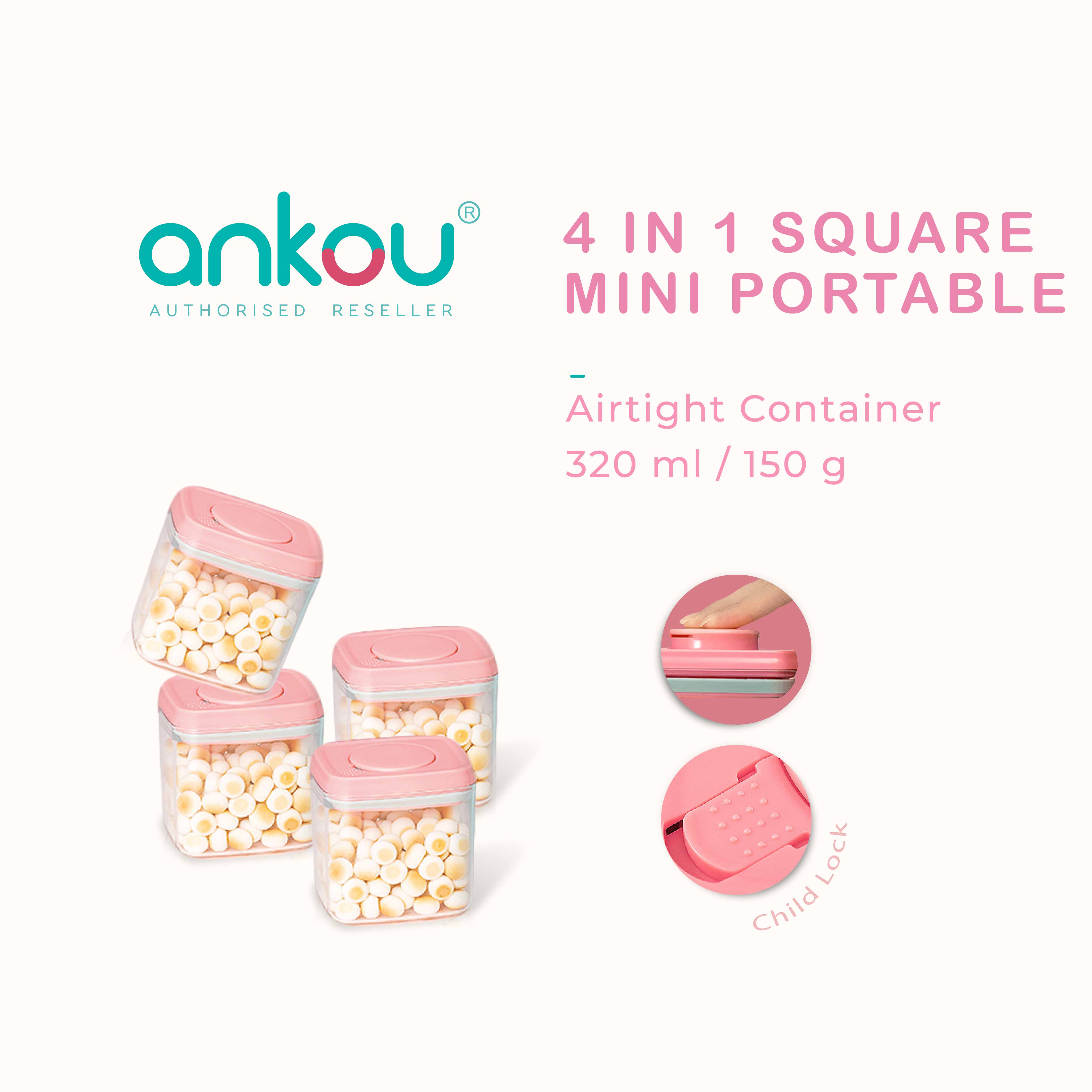 ANKOU Air Tight Food Container - 4 In 1 Square Mini Portable (320ml- Pink) - Jenama Ankou Harga 54 Ringgit*Penghantaran Percuma