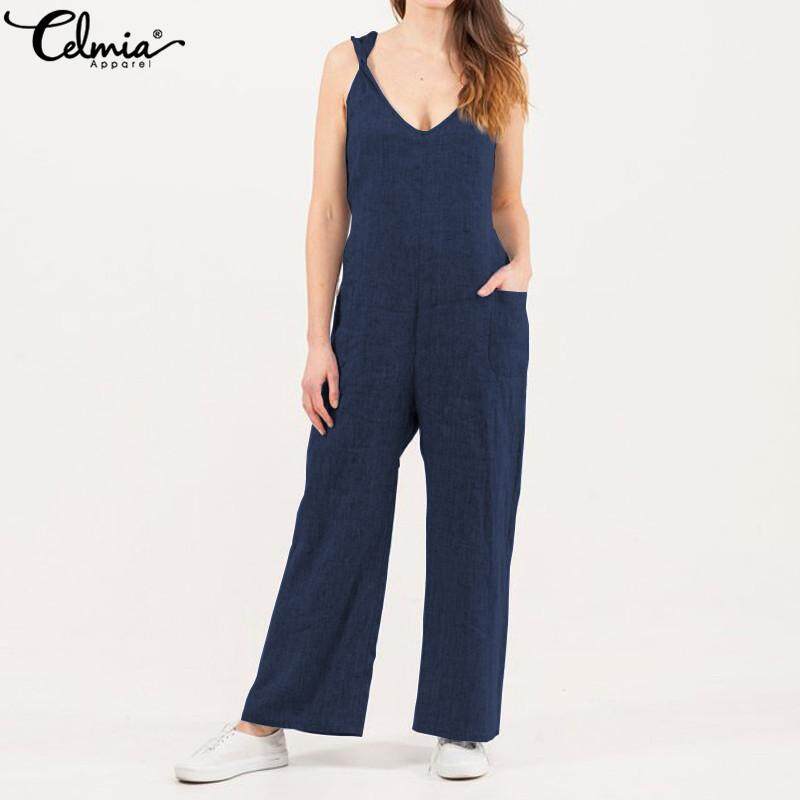 Casual Cotton Deep V-Neck Slim Jumpsuit Sleeveless Pocket Playsuit Trousers