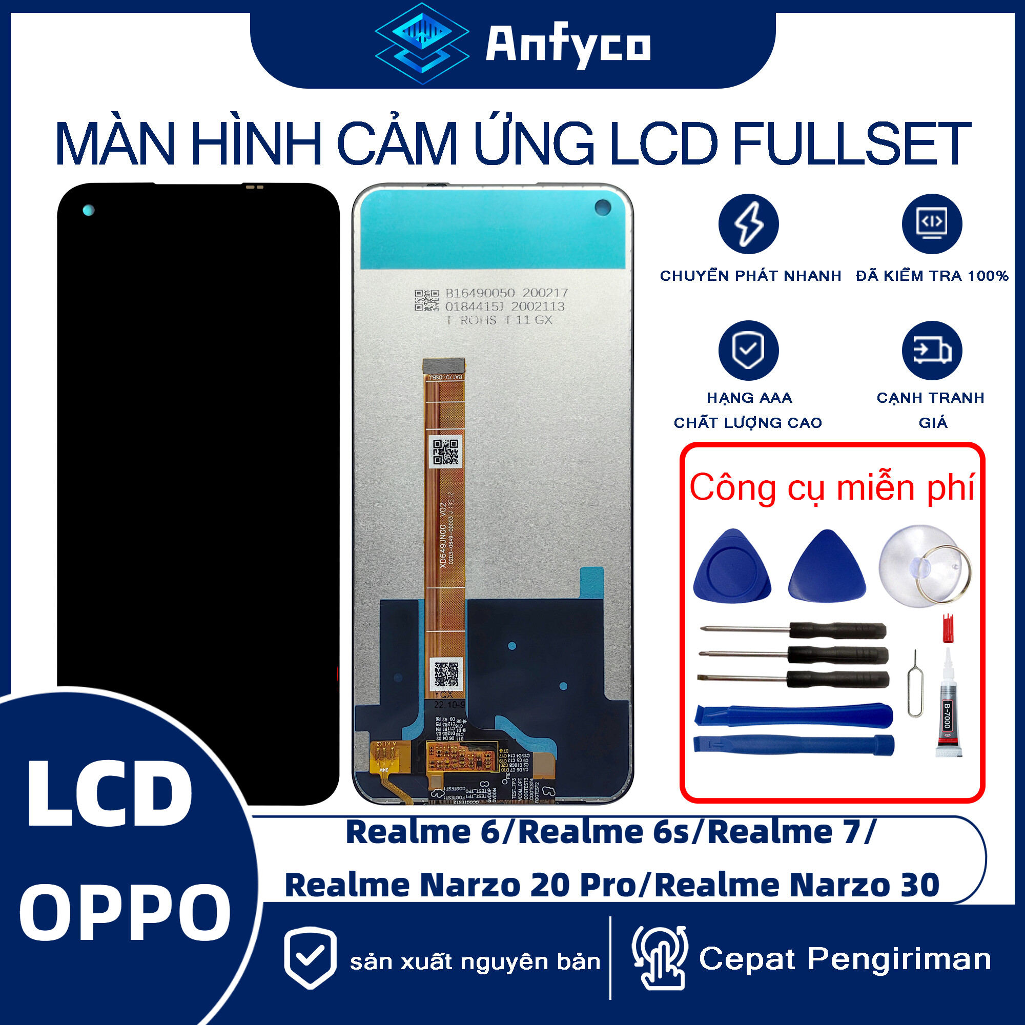 Realme 6/Realme 6s/Realme 7/Realme Narzo 20 Pro/Realme Narzo 30/Realme 6 Pro/OPPO A92S cho bộ linh kiệ màn hình cảm ứng LCD gốc, bán trực tiếp từ nhà máy với dụng cụ sửa chữa miễn phí