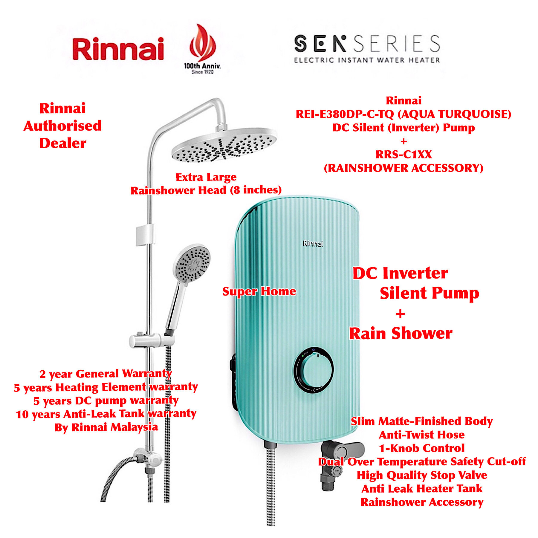 Rinnai Water Heater REI-E380DP-C-TQ (AQUA TURQUOISE) DC Silent Pump  (Inverter) Instant Electric Water Heater + Rain Shower Accessory RRS-C1XX |  Lazada