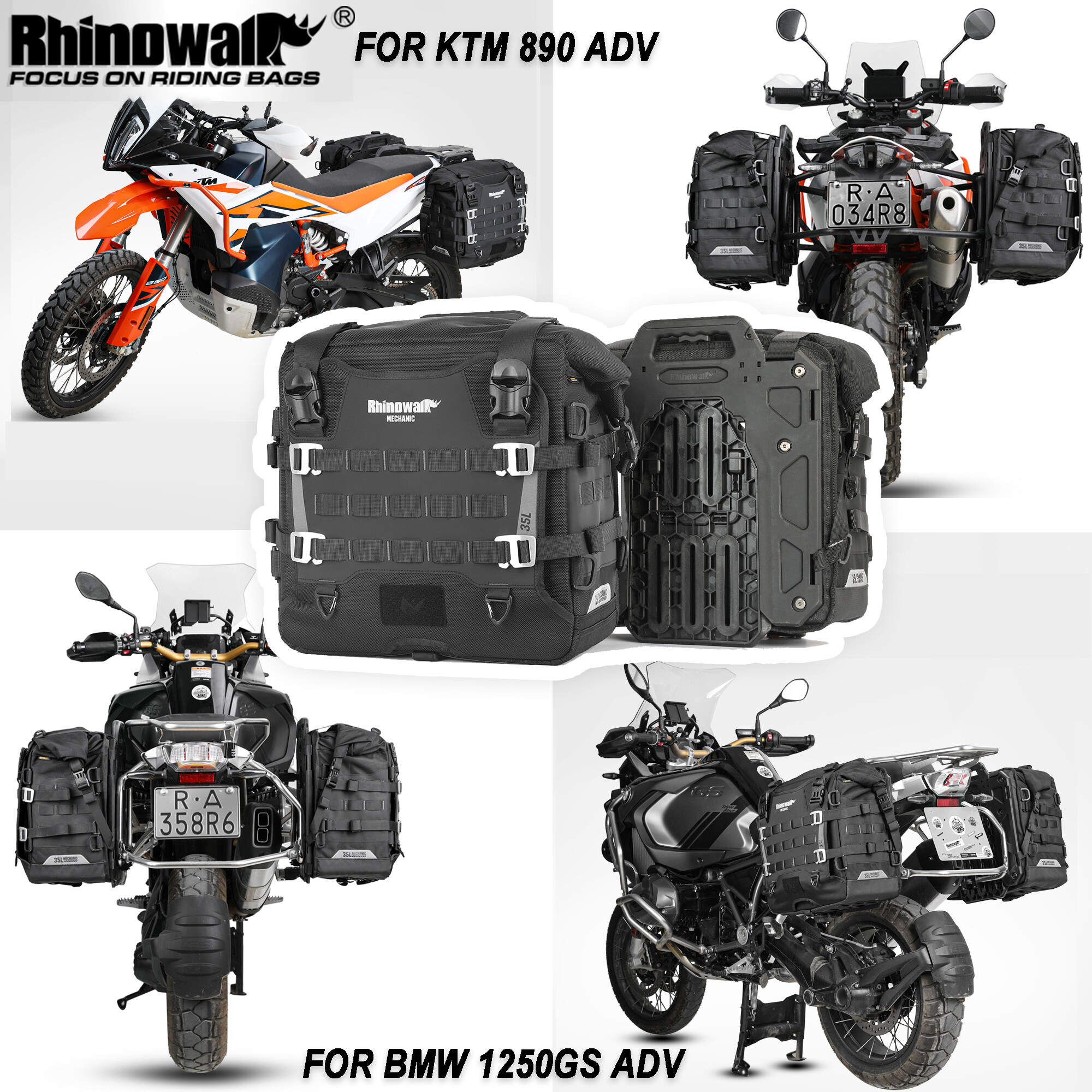 Rhinowalk Motorcycle Saddlebags Quick-Release Internal Waterproof 35L Large-Capacity Panniers PE Support Plate 3D Design Anti-Theft Lock Hole Molle System Multi-Layer Compartments For Travel Storage Side Bag For BMW KTM ADV Motorcycle ราคา 768 บาท*ส่งฟรี