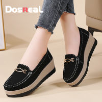 DOSREAL Wedge Shoes for Women Slip on Suede Leather Black Shoes for Women with Heels Large Size 35-41 Korean Chunky Wedges Heels Loafers
